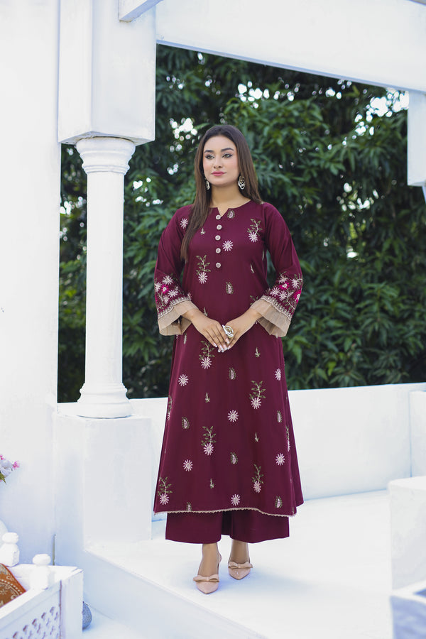 Flora - 2 Piece Embroidered Dhanak Dress